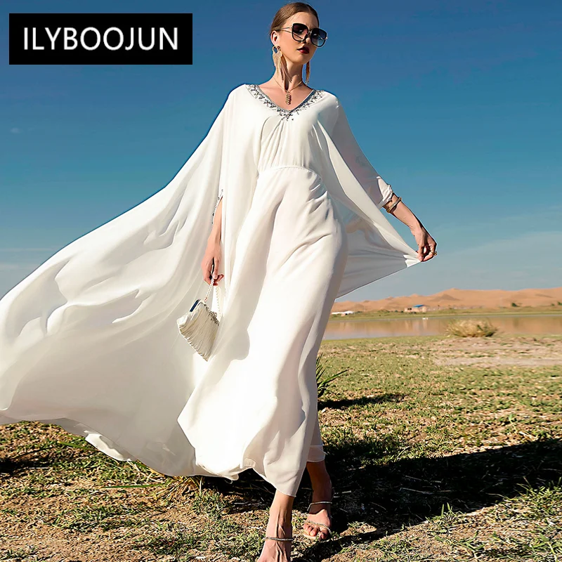 

abaya caftan Dresses for plus size women 2022 bohemian Cloak long sleeve V neck diamond crystal white chiffon maxi dubai dress
