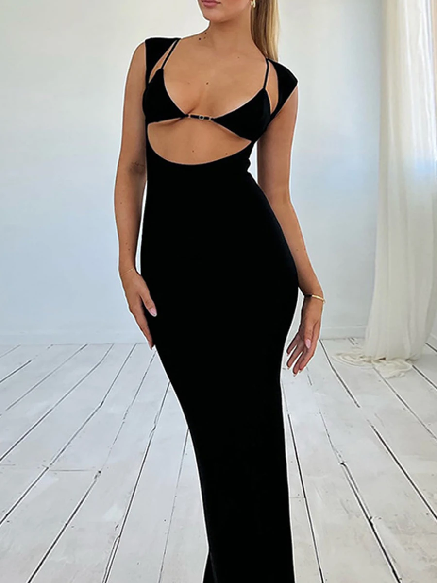

Women Cutout Backless Dresses, Sleeveless Hollow Out Solid Color Wrapped Long Casual Skinny Party Summer Spring Dress