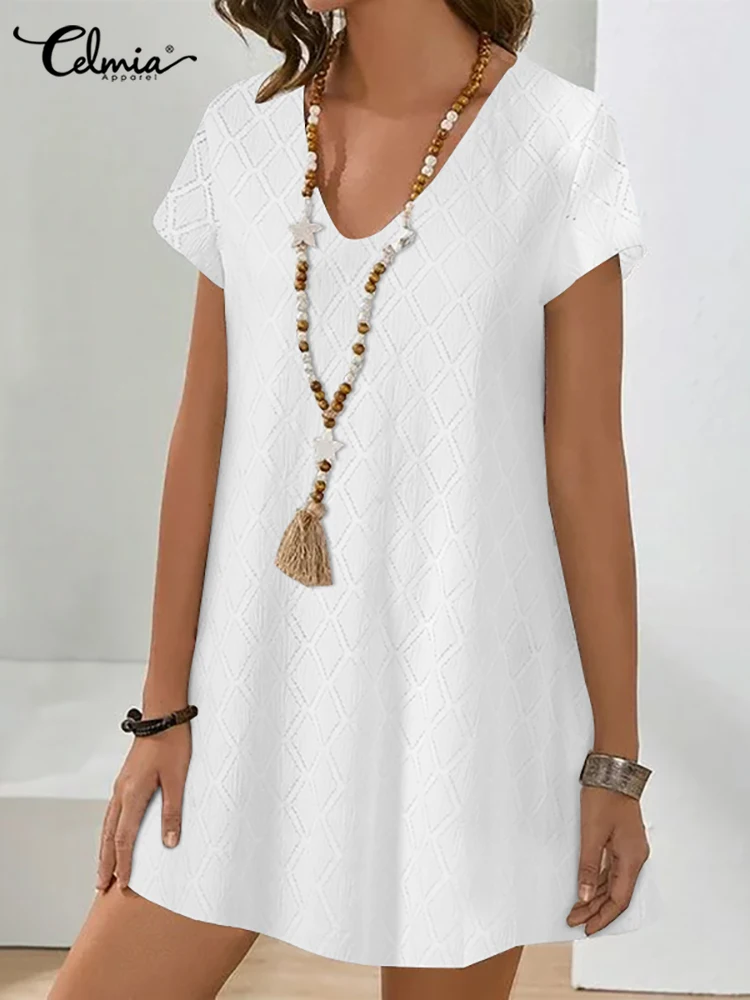 

Celmia Summer V-neck Mini Sundress A-line Leisure Casual Comfortable Short Dress Lace Short Sleeve Women Vestidos with Lining