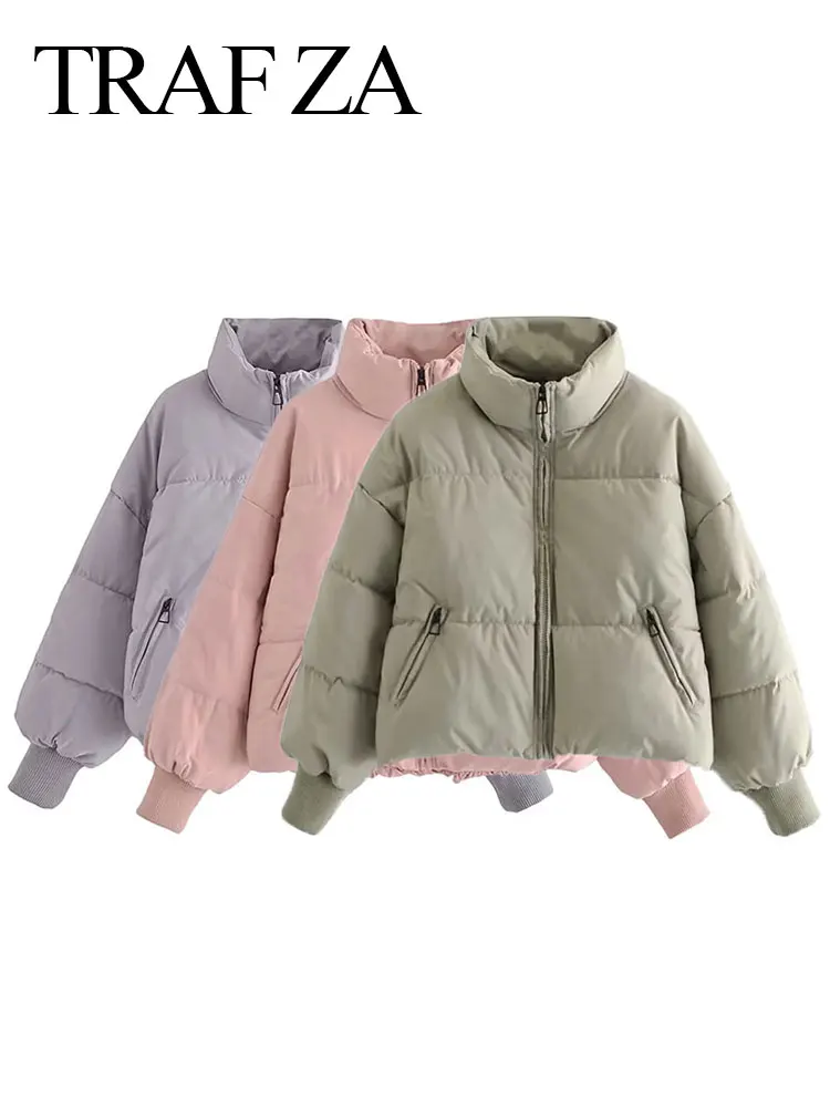 TRAF ZA Women's Cotton Coats Warm Fashion Vintage Solid Long Sleeve High Neck Zipper Pocket Jackets Female Winter Outerwear