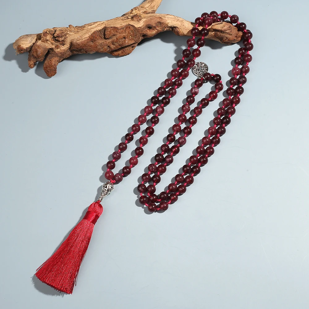 8mm Garnet Beaded Knotted 108 Mala Necklace Meditation Yoga Prayer Rosary Men and Women Tree of Life Pendant  Japamala Jewelry