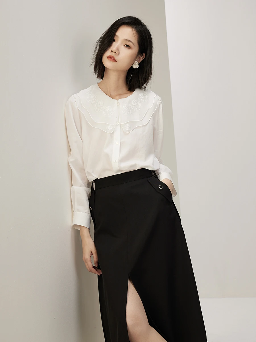 Женская рубашка Fankai новинка осени 2024 лиоцел лист лотоса вышитый воротник