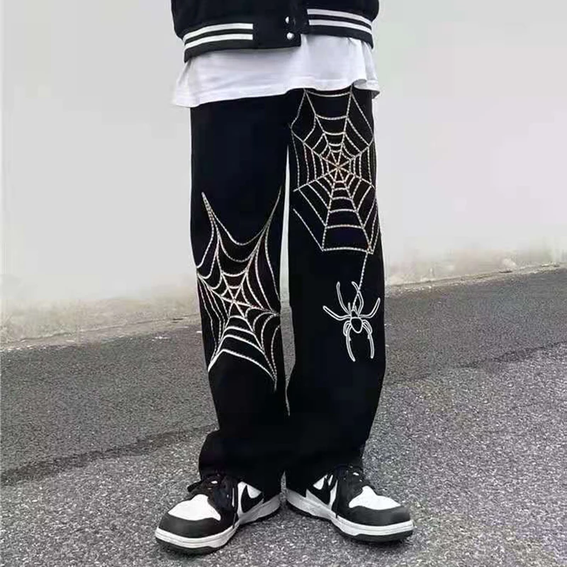 Emo Men Fashion Alt Spider Web Embroidery Straight Black Jeans Pants Ripped Oversize Loose Denim Trousers Streetwear Clothes