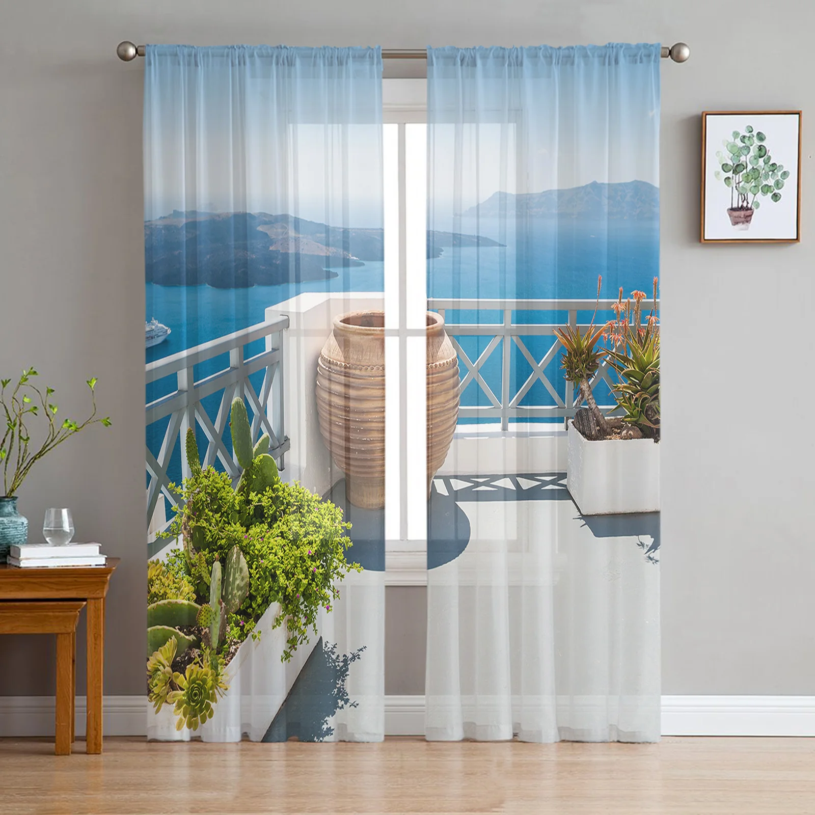 Seaside Island Boat Clay Pot Potted Cactus Sheer Curtain Living Room Window Tulle Curtain Bedroom Veiling Curtains Luxury Drapes