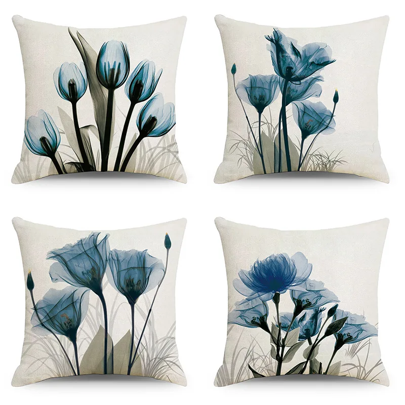 

Blue Ink Flax Printed Pillowcase Home Sofa Car Office Pillowcase