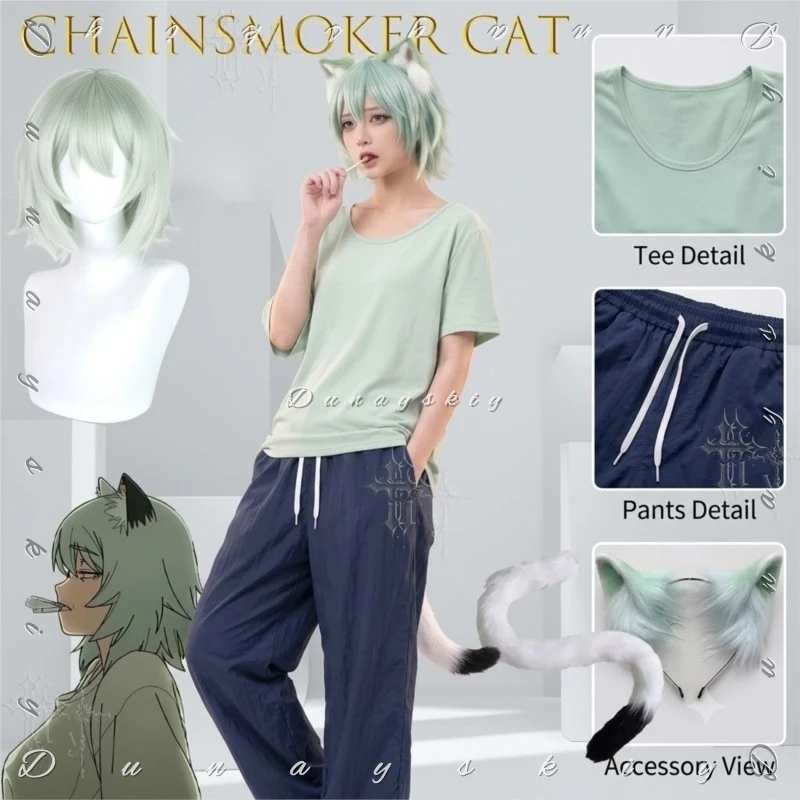 Фото Костюм для косплея Sato Yaniko Chainsmoker: зеленые пушистые кошачьи уши и хвост, парик, обувь, полный комплект, аниме-персонаж Яни Неко, Хэллоуин №2