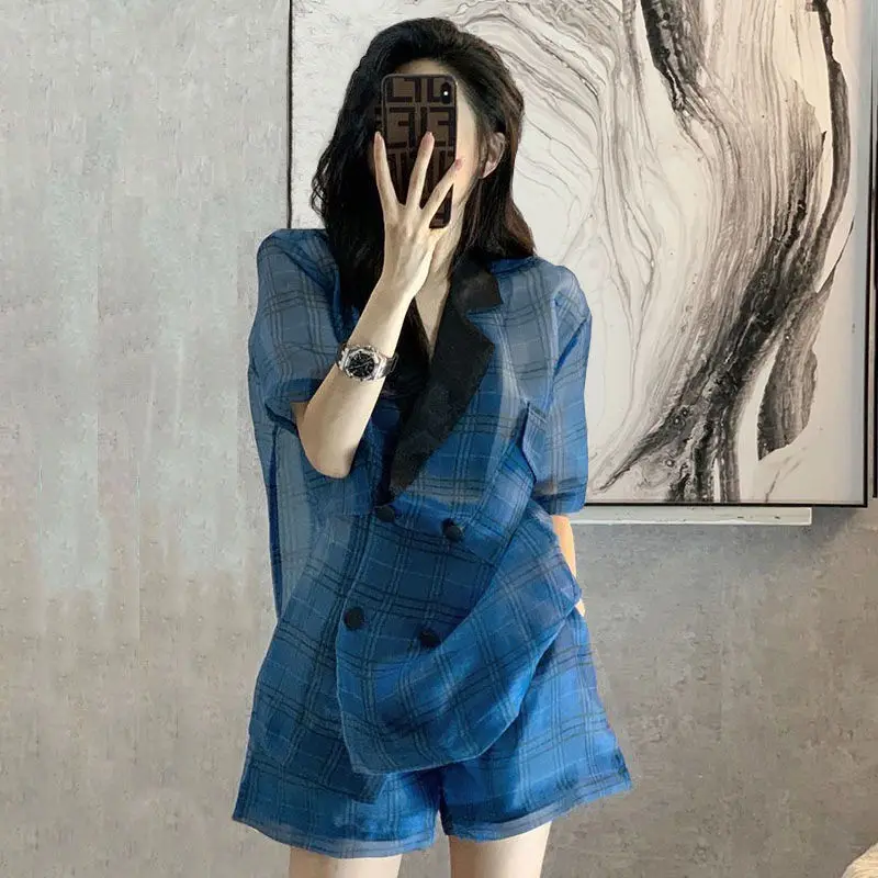 

Women Summer Perspective Turn Down Collar Mesh Spliced Blazers Gauze Woman Suits OL Cardigan Plus Shorts Two-piece Suit 2022