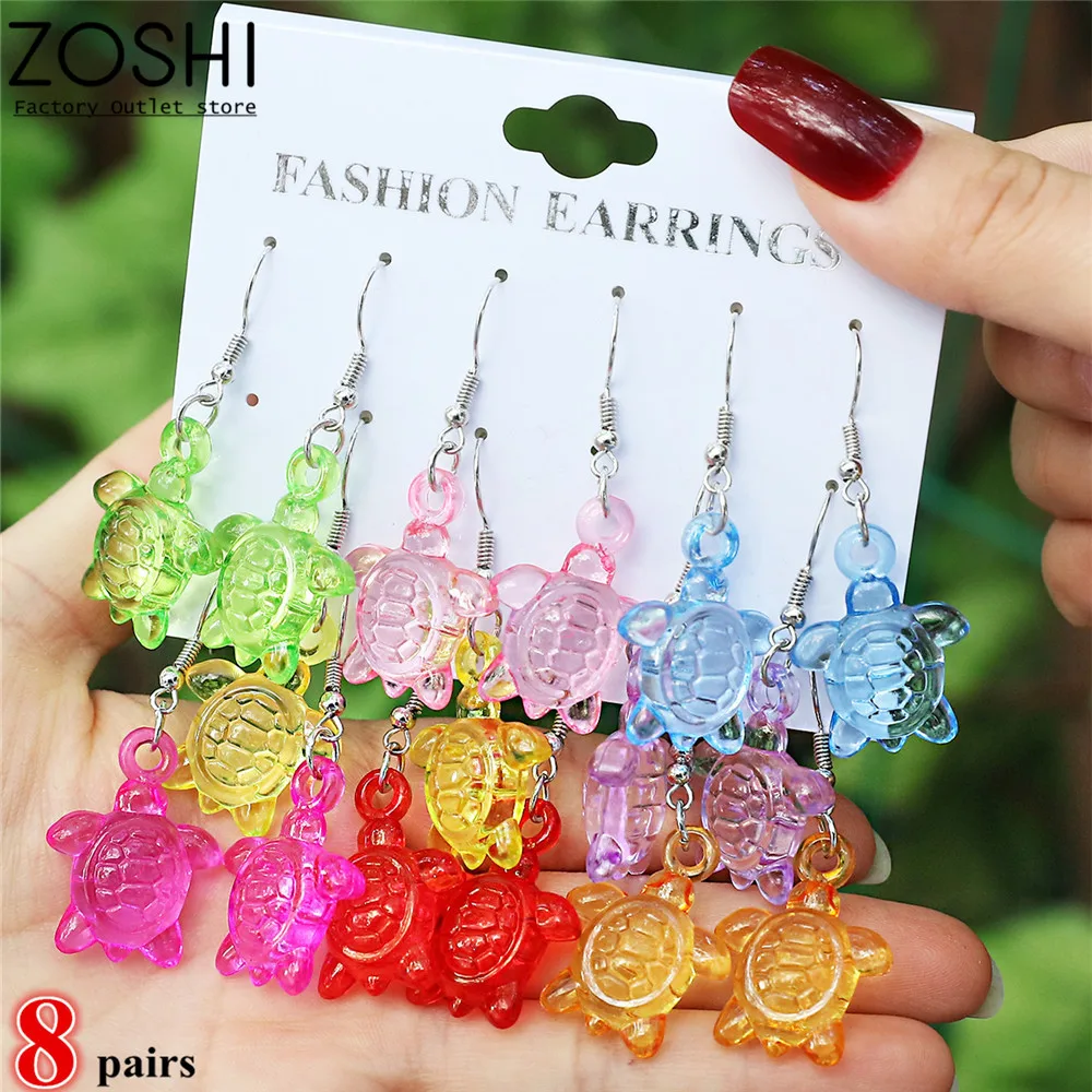 Симпатичные Красочные прозрачные акриловые зеркальные серьги 5/6/7/8 пар, летние блестящие серьги-подвески с животными для девочек, женщин, детей, серьги