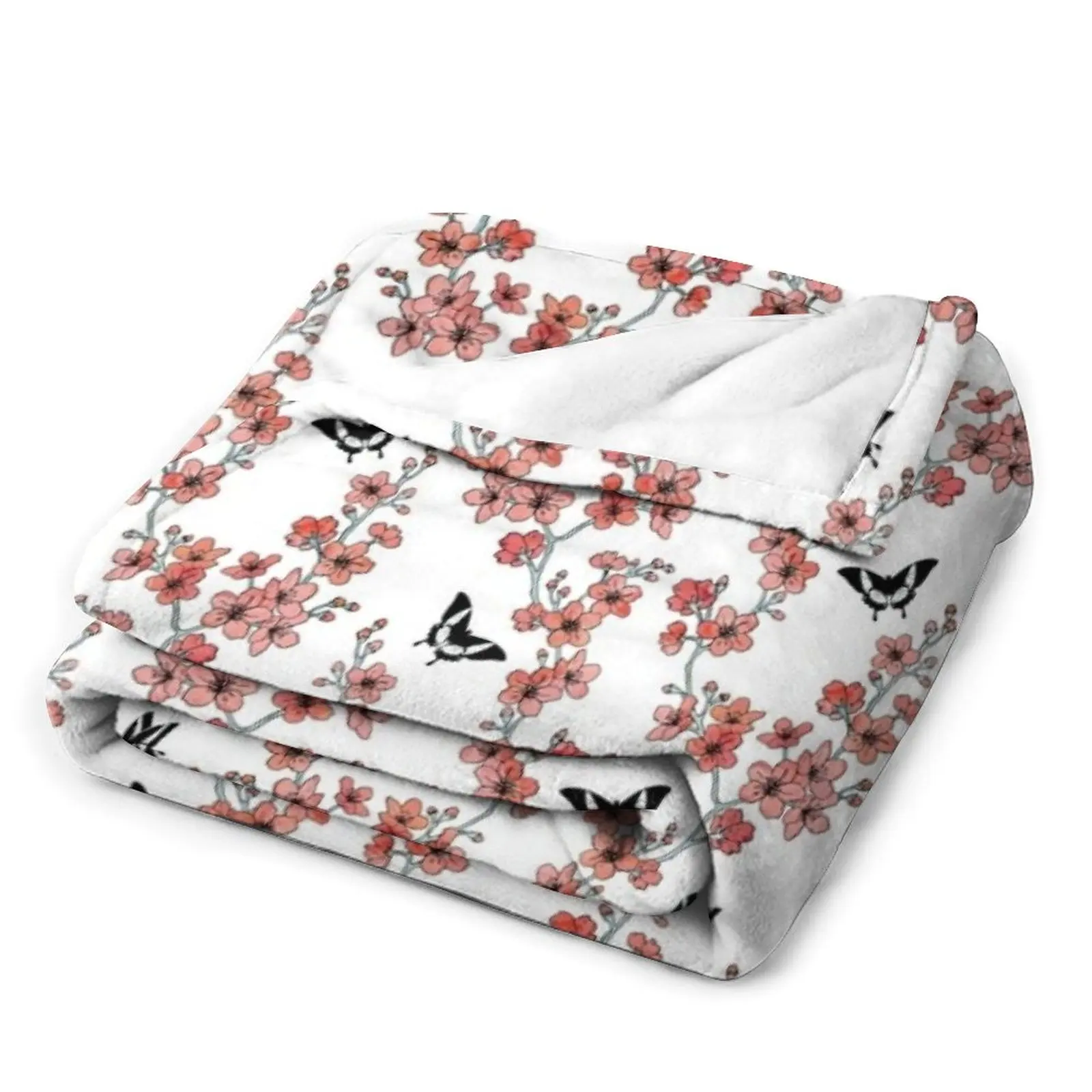 Сакура бабочки в персиковом розовом акварельном пледе мягкое плюшевое покрывало