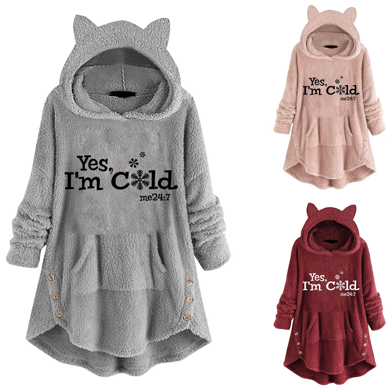 

Women's Fleece Hooded Top Long Sleeve Yes Im Cold Letter Print Loose Pocket Hoodie Colla Sweatshirts Women