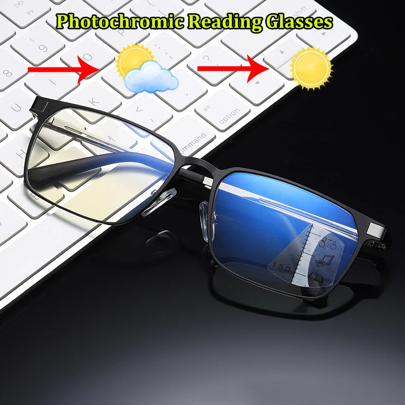 

2022 Titanium Photochromic Progressive Multifocal Reading Glasses For Men Blue Anti Light Super Light Big Presbyopic Eyewear