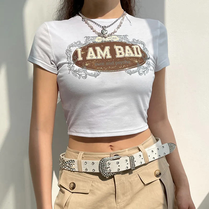 

WeiYao Casual Letter Printed Vintage Fashion Crop Tee Shirt White Summer Harajuku Retro Y2K T Shirt Aesthetic Garaouy Graphic