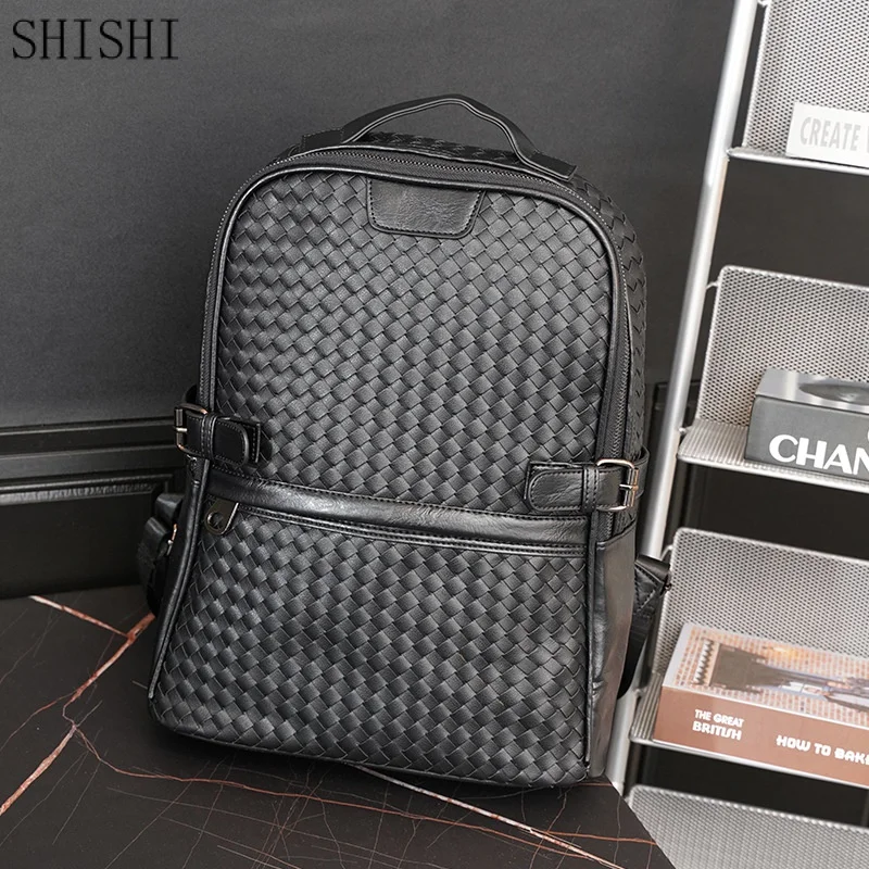 Fashion PU Leather Woven Backpack for Men Luxury Laptop Bag Mens Backpack Zipper Travel High Capacity Male Bags