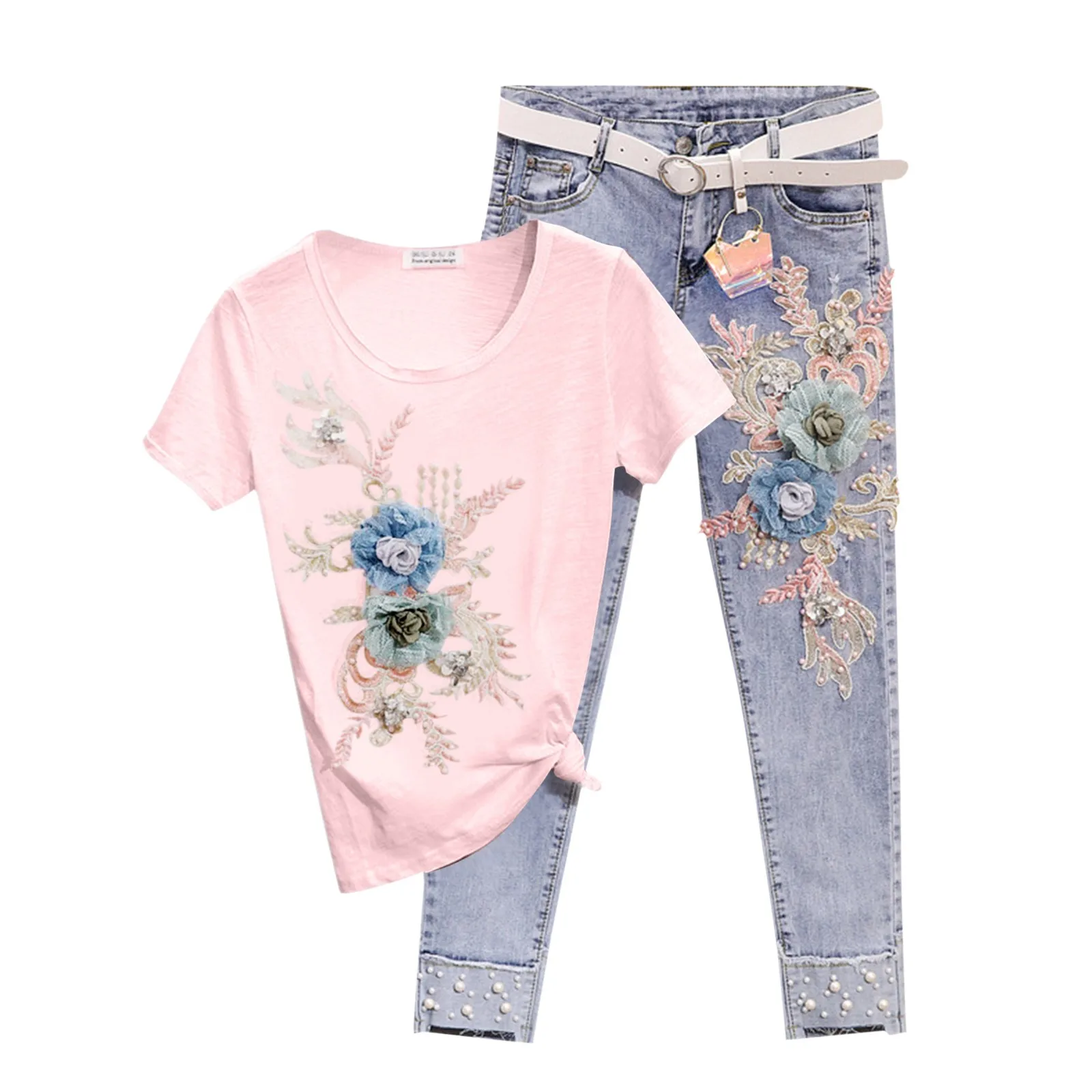 

Women'S T Shirt Set Embroidery Three-Dimensional Flower Short-Sleeved T-Shirt And Jeans Two-Piece Set For Teenagers And Students