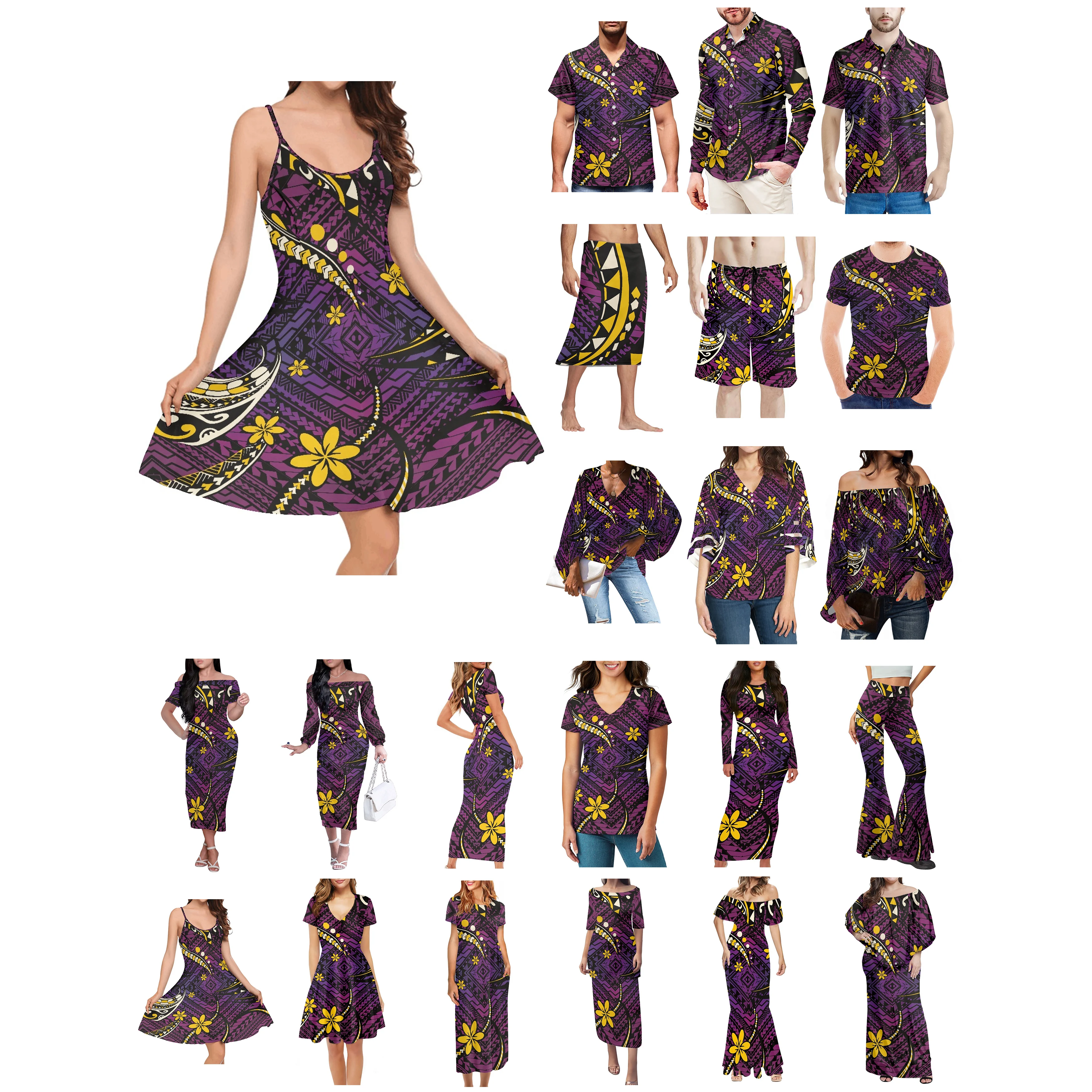 

Полинезийский Тонга, Гаваи, Фиджи, Гуам, Самоа, понпей, племенные тату-принты, одежда, женское платье, подходящая Мужская рубашка, фиолетовая одежда для влюбленных