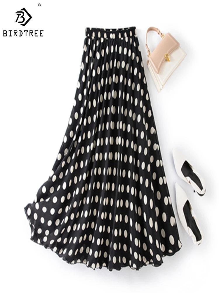 

Birdtree женский 100% шелк тутового шелкопряда Экстра-длинная свободная для похудения черная двухслойная плиссированная Длинная пляжная юбка для лета T37804QD