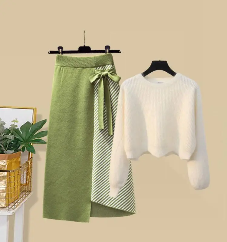Fall Winter Warm Knitwears Two Piece Sets For Women Outfits Korean Solid Pullover Knitting Sweater And Skirts Sets Korean Suits