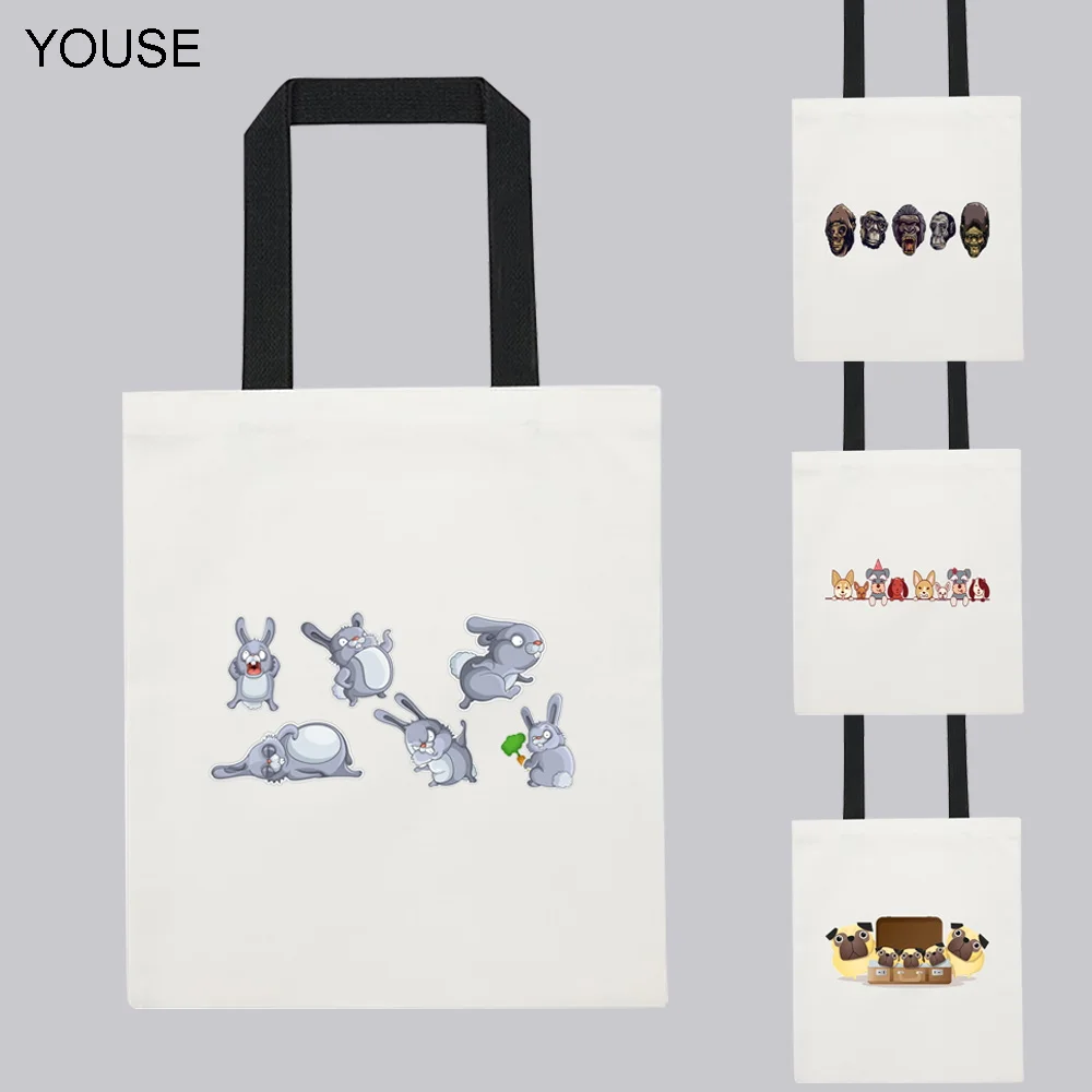 

YOUSE Canvas Handbag Shopper White Tote Bag Cute Cartoon Animal Pattern Print Shoulder Bag Female Bolsa Fabric Shopping Bags