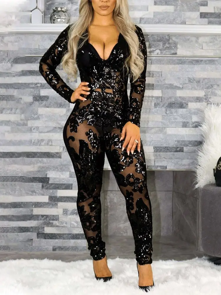 

Fashion Women Causal Long Sleeve V Neck Low Cut Sexy Black Onesie Oversize Contrast Sequin Plunging Neck Sheer Mesh Jumpsuit