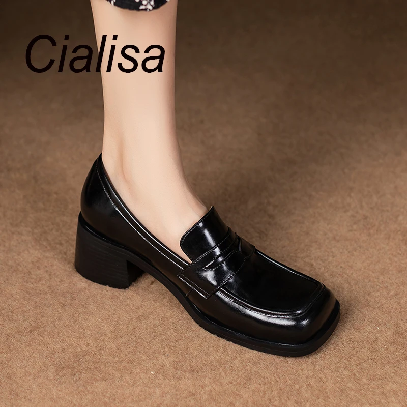 Cialisa 2022 New Arrival Black Genuine Leather Woman Shoes Square Toe Thick Block Mid High Heels Pumps Concise Daily Footwear