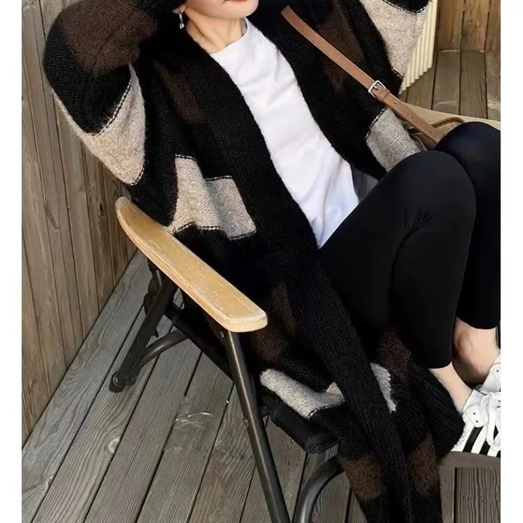 Женский полосатый свитер черный кардиган вязаный свободный весна-осень