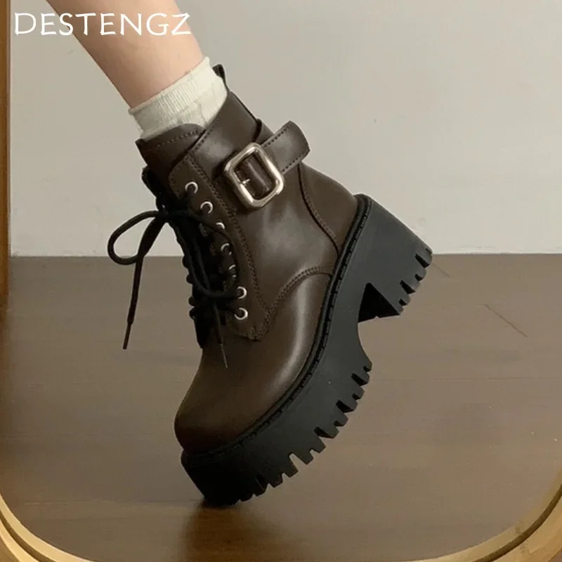 Женские ботильоны на высоком каблуке массивная кожаная обувь платформе женская