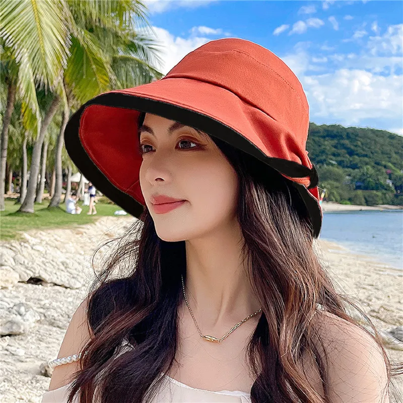 

Summer Women Bow Tie 2022 Wide Large Brim Sun Hat Outdoor Beach Fisherman Cap UV Proof Sun Protection Hat Bucket Hat