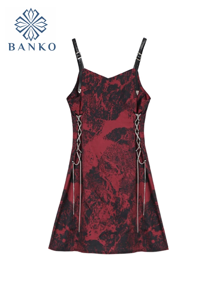 

Tie Dyed Women's Spaghetti Strap Dress 2021 Summer Slim-Waist Streetwear Sexy Bandage Design Y2k Gothic A-Line Dresses Girl