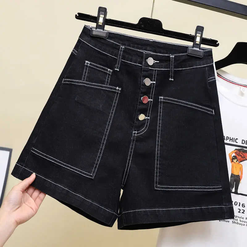 women's clothing 2022 summer new high waist jeans shorts trend  wide leg pants women  Pockets  Coated  Shorts  Cotton