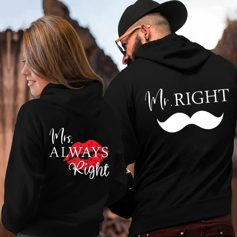 

Lover Couple Hoodies Mr Right Mrs Always Right Matching Sweatshirts for Man Women Jumper Match Outwear Cool Sweatshirt