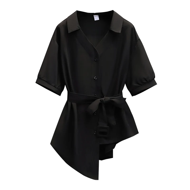 Plus Size Women Clothing Summer Sexy Shirt Fashion Women Top Short Sleeve Blouse Casual Women Shirt OL Belt Elegant Women Shirts