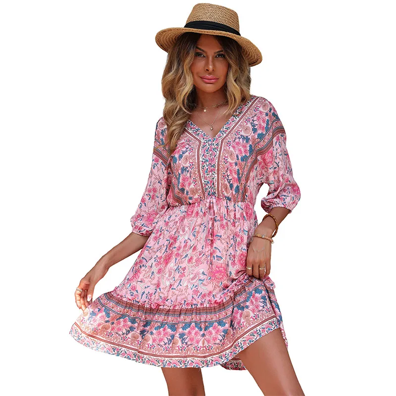

Witbuy Boho Floral Beach Style Dresses For Women 2022 Summer A Line V Neck Half Sleeve Elastic Waist With Belt Pullover Dress