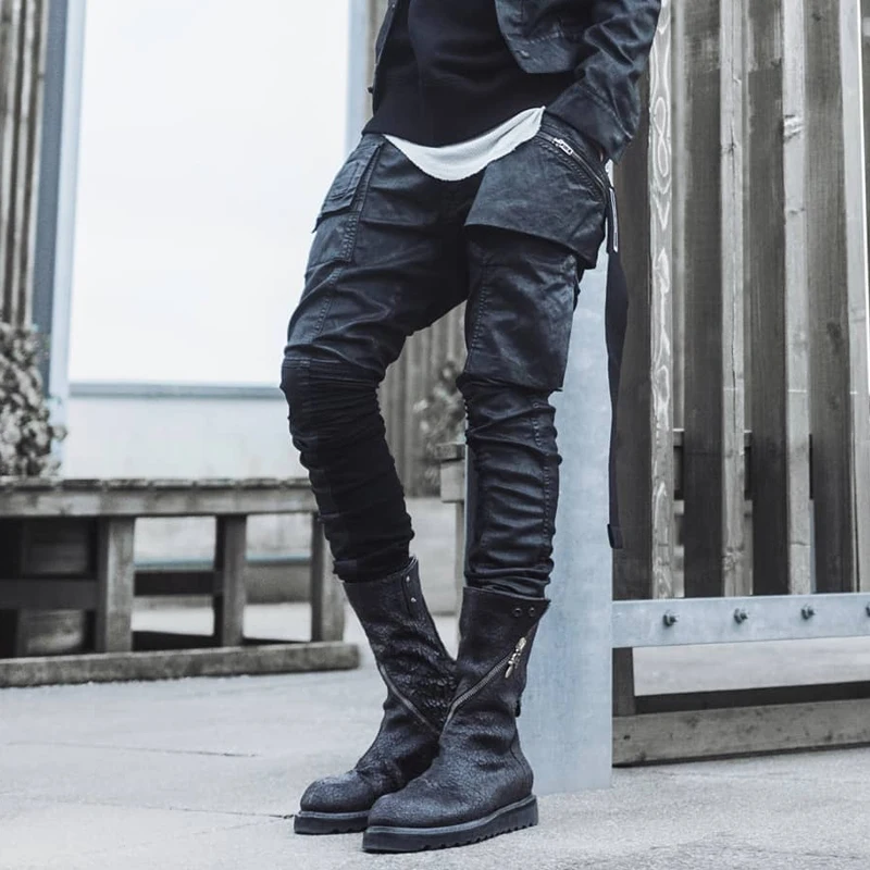 Famous Brand Rick High Stree Jeans Black Washed Owens Jeans for Men Slim Fit Distressed Pants Hip Hop Trousers