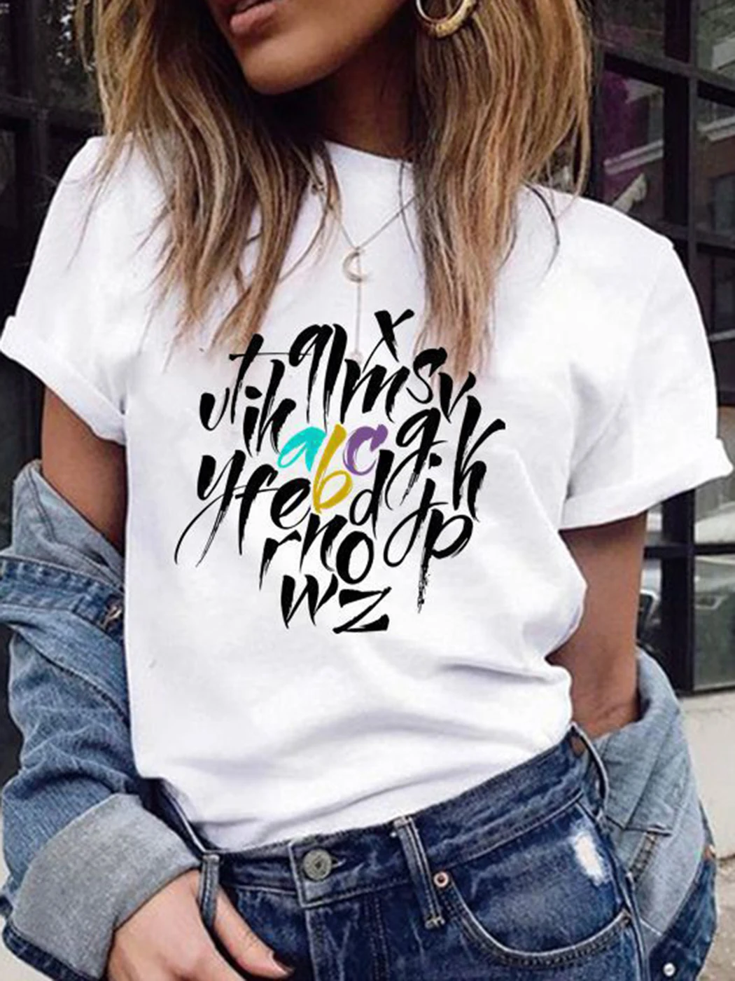 

Letter Print White T-shirt Top Women Summer Streetwear Round Neck Loose Tee Shirts Simple Casual Tshirts Tops Female Clothes
