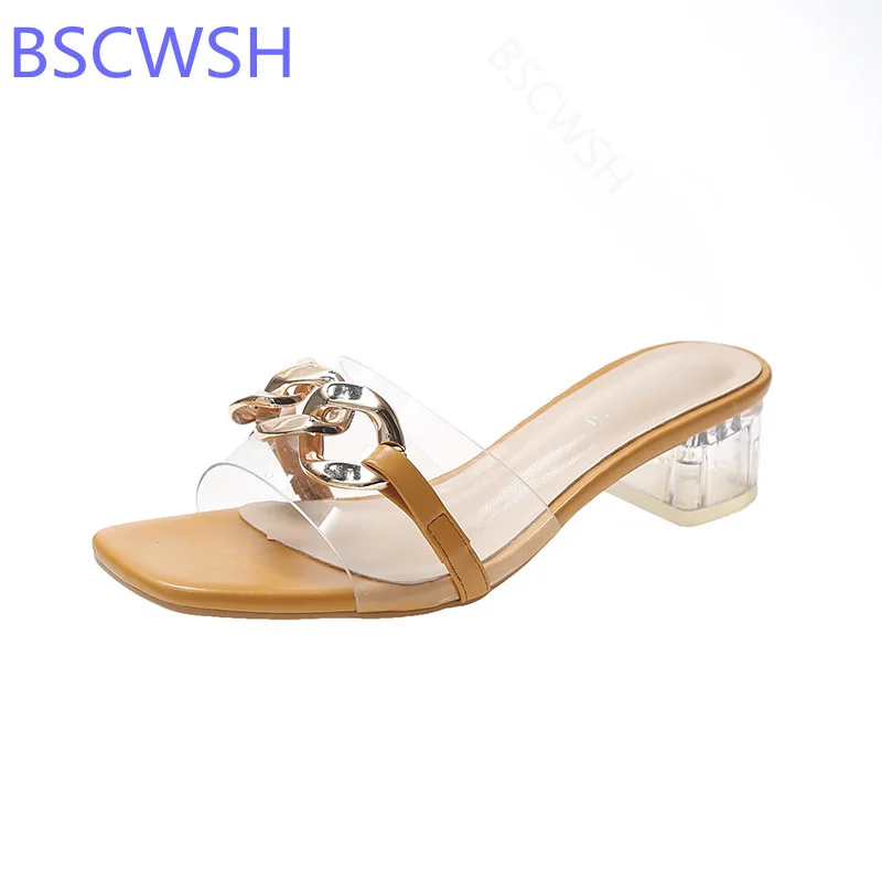 

Fashion PVC Gold Chain Women Shoes Summer Square Heel Peep Toe Slippers Shallow Sandals Zapatillas Casa Mujer Sapatos Femininos