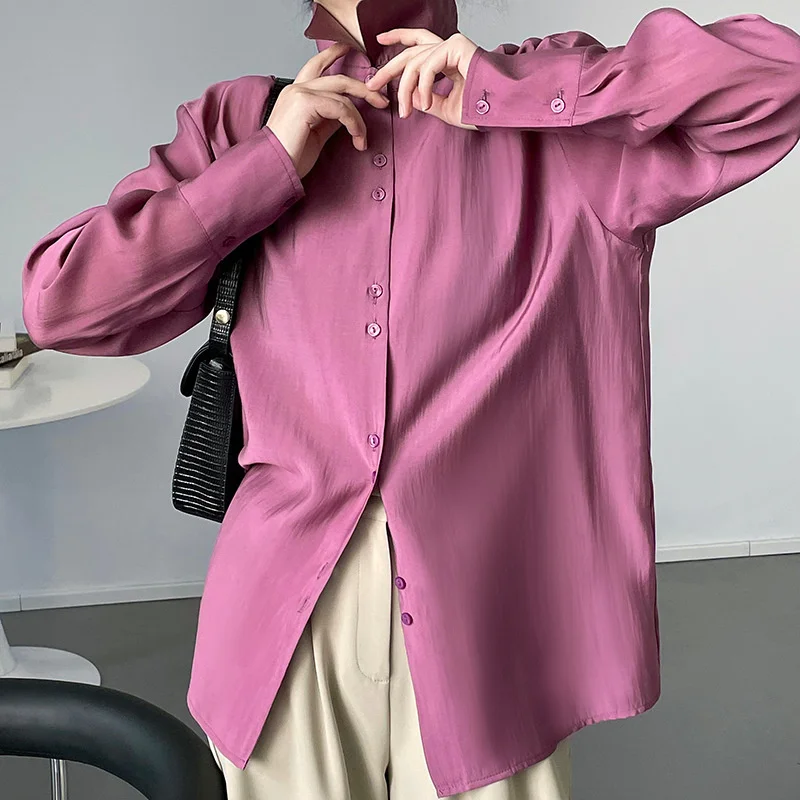 

Spring Design Brand Women Shirts Double-Button Up Soft Loose Casual Shirts Blue Purple Solid Tops