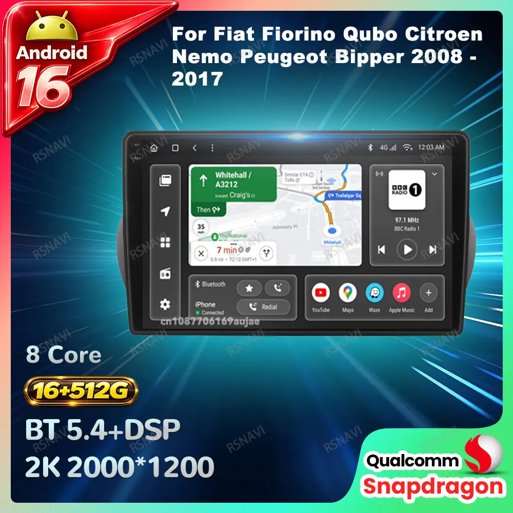 Фото Автомагнитола Android 16 для Fiat Fiorino Qubo, Citroen Nemo, Peugeot Bipper 2008-2017, GPS, 4G LTE, Qualcomm, видеоплеер, Bluetooth №1