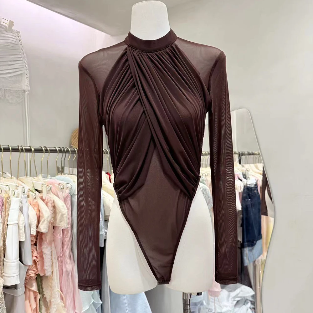 Женский комбинезон TWOTWINSTYLE с сетчатыми вставками и драпировкой, облегающий, однотонный, с воротником-стойкой, длинными рукавами, завышенной талией, сексуальный, новинка (art.: 3920dca26e943) - 3920dca26e943