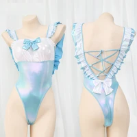 kawaii anime girl cosplay blue laser one piece swimstuit lolita ruffles bowknot lace up backless bodysuit women swimwear outfits