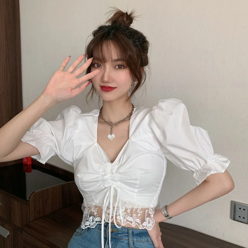 

Женские повседневные укороченные топы, летние модные кружевные короткие рубашки с пышными рукавами, женская укороченная блузка для танцев,...