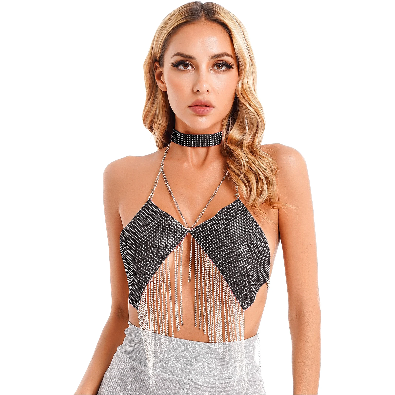 

Womens Sparkling Rhinestone Metal Chain Tassels Camisole Halter Backless Crop Top with Choker Body Chains Rave Party Clubwear