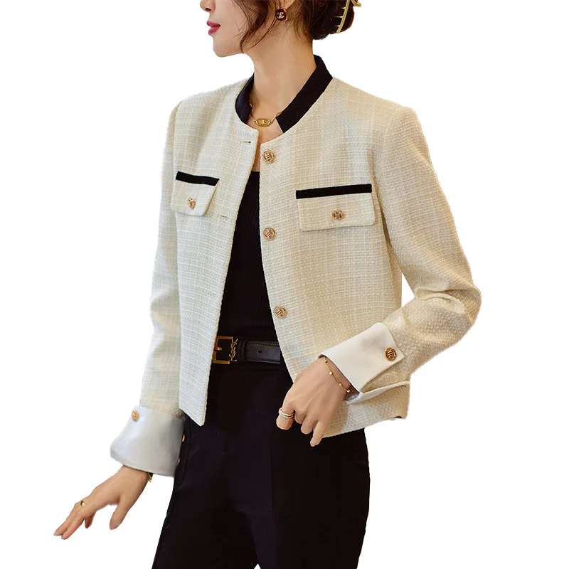 

Women Single Breasted Tweed Blazer Coat 2023 New Spring Vintage Long Sleeve Short Blazers Jacket Fashion Solid Outerwear Outfit