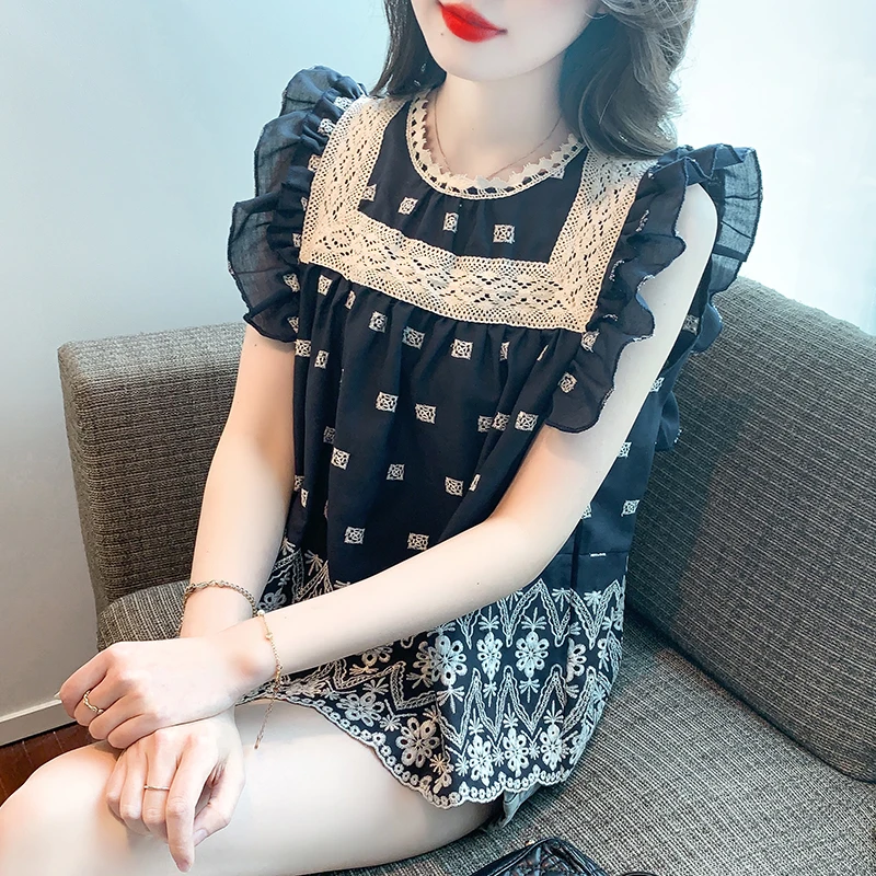 

Summer Women Tops Fashion Lace Round Collar Sweet Ruffles Sleeveless Shirt Elegant Floral Embroidery Blouse Loose Clothes 27672