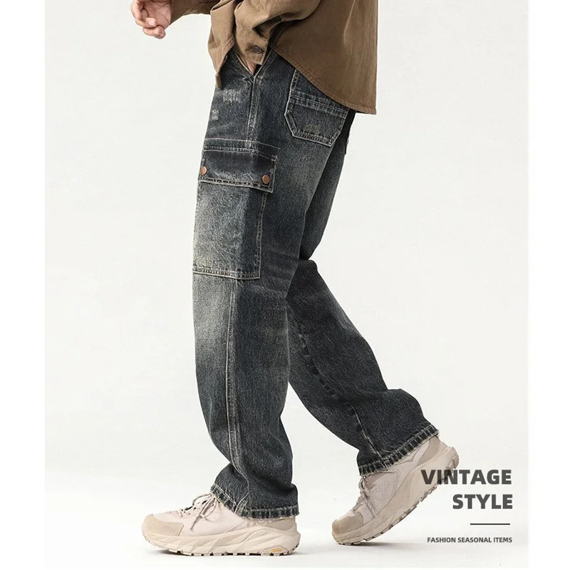 Men's Pattern Vintage Recreational Blue Black Multiple Pockets Jeans Loose Straight Cylinder Broad Leg Trousers Autumn Female