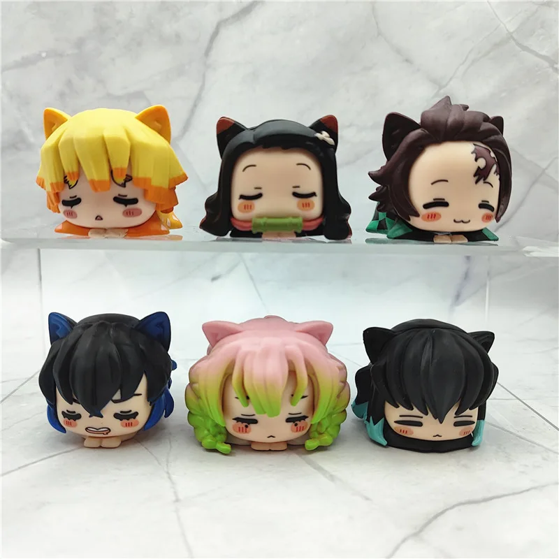 

6cm 6pcs Anime Demon Slayer Figure Kamado Nezuko Kamado Tanjirou Agatsuma Zenitsu Pvc Cute Prone Pose Model Children's Toy