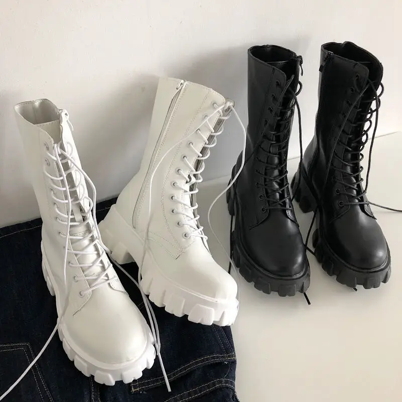 

New Mid Calf Boots Women Autumn Winter Fashion Lace-up Zipper Botas Mujer Boots Sports Platform Heel Ladies Shoes