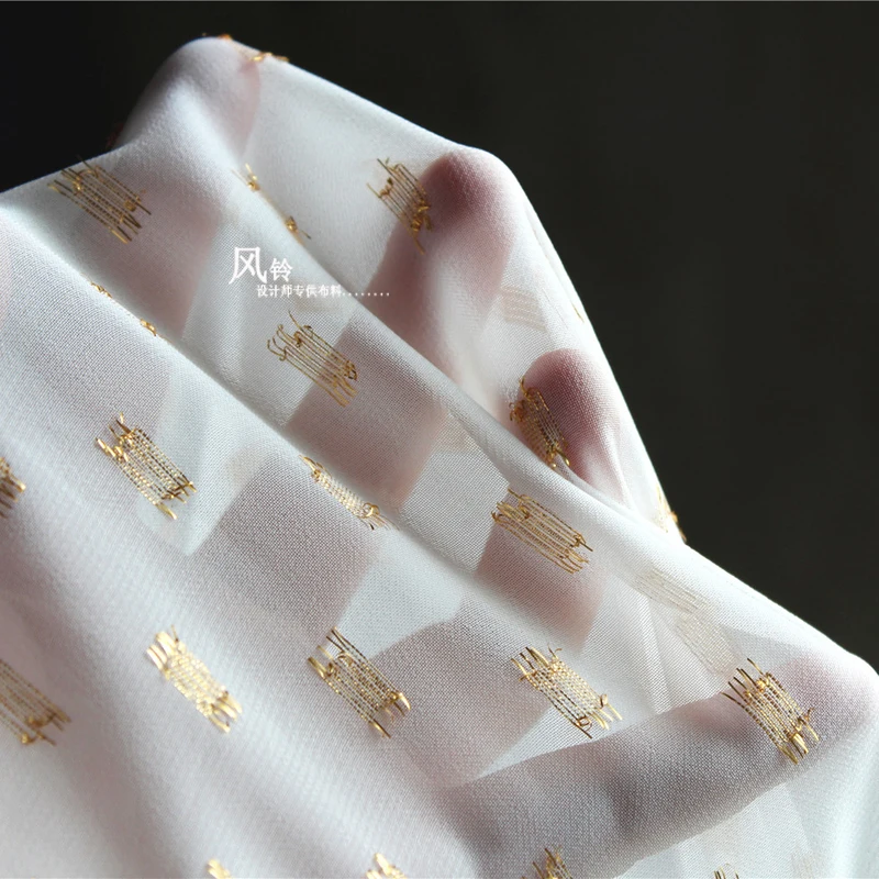

White Chiffon Fabric Golden Blocky Spots DIY Patchwork Decor Shirt Gown Various Skirts Dress Clothes Desinger Fabric