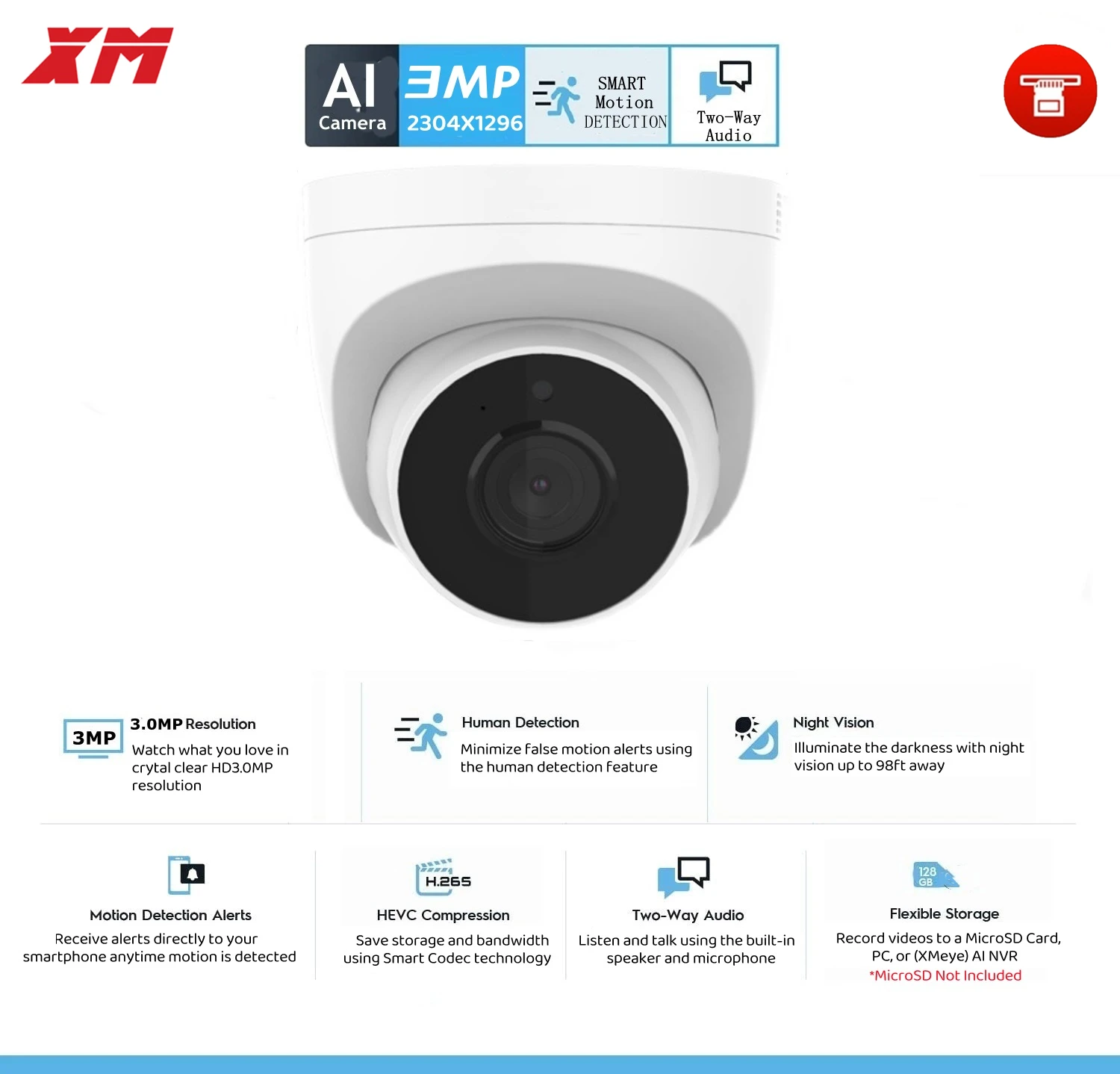 IP-камера XM H.265 3 Мп 2K стандартная купольная камера безопасности двусторонняя