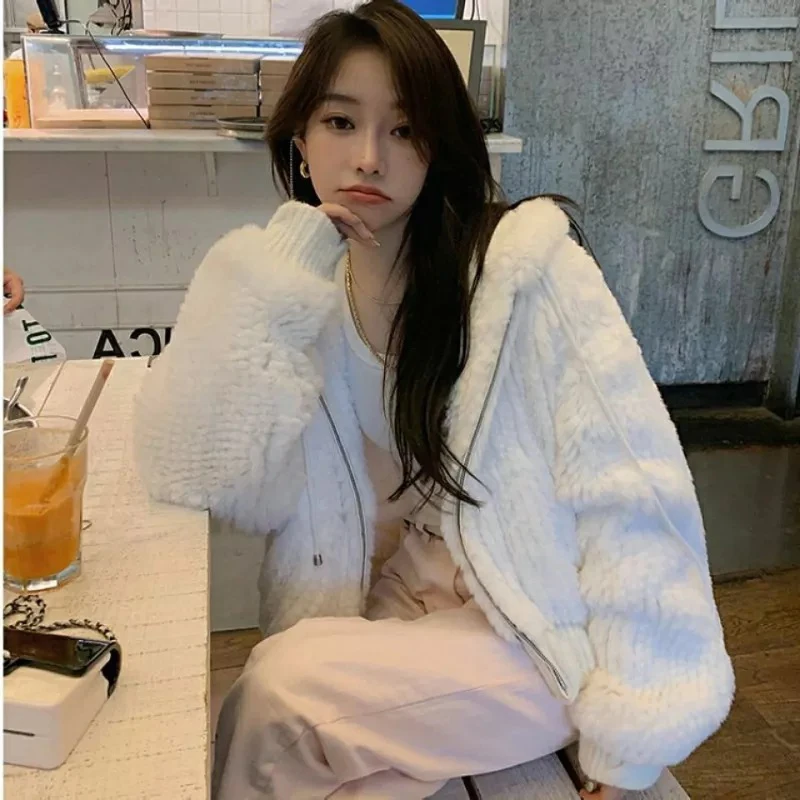 Faux Fur Coat Women White Faux Rabbit Fur Hoodie 2022 New Winter High Quality Fleece Warm Long Fluffy Teddy Jacket Coat