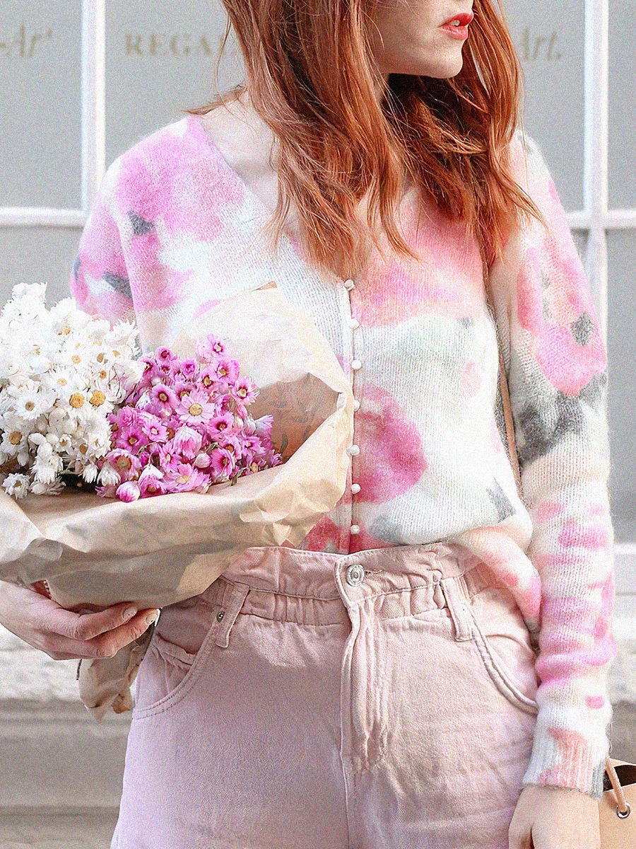 Floral Print Cardigan Woman 2022 Autumn Winter V-Neck Buttons Loose Mohair Knit Sweater Female Vintage Elegant Sweaters Gilet